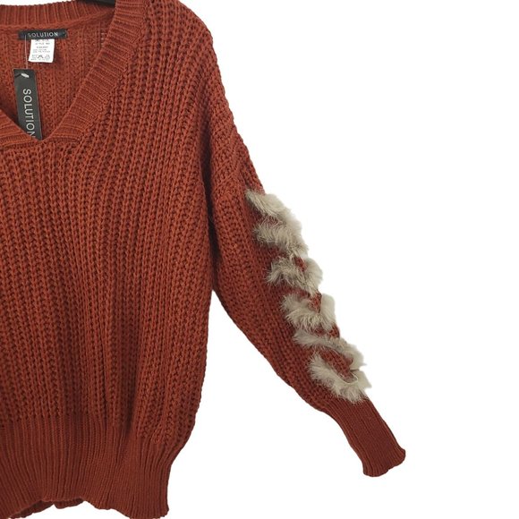Solution Cable Knit V Neck Sweater One Size Long Sleeve Brown Faux Fur Trim - Picture 12 of 16